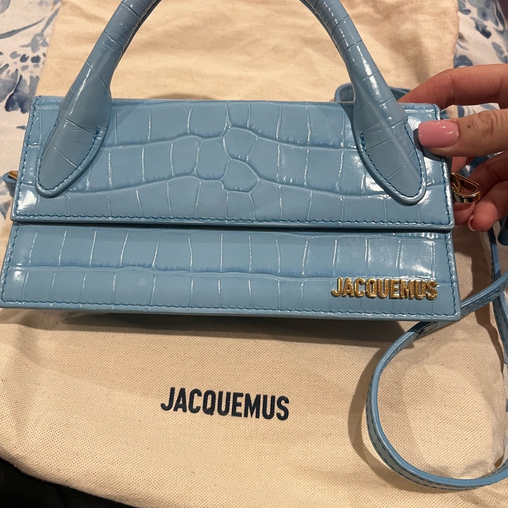 Authentic Jacquemus Light Blue Croc-Embossed Mini Top-Handle Bag with dust bag